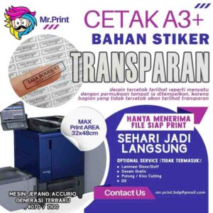 Mesin Cetak A3+ Sticker Transparan Bening Digital Print